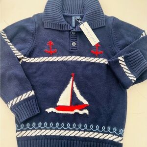 Janie and Jack Navy Knit Sailboat Sweater with Red Anchors